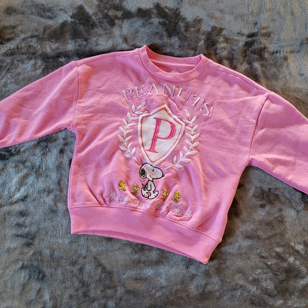 Peanuts Snoopy Sweatshirt Kids 4/5 Pink Excellent Embroidered Crest Pullover 884